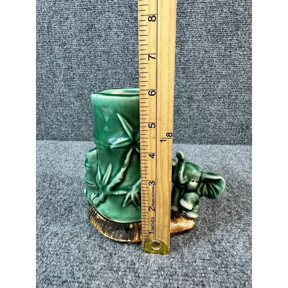 Vintage Ceramic Bamboo Vase with Elephant Figurine 6” Handcrafted – Used